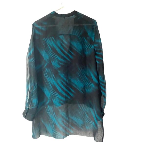 Halston Heritage Green Black Sheer Blouse Mock Wrap Drape Top size 14 - Picture 4 of 7